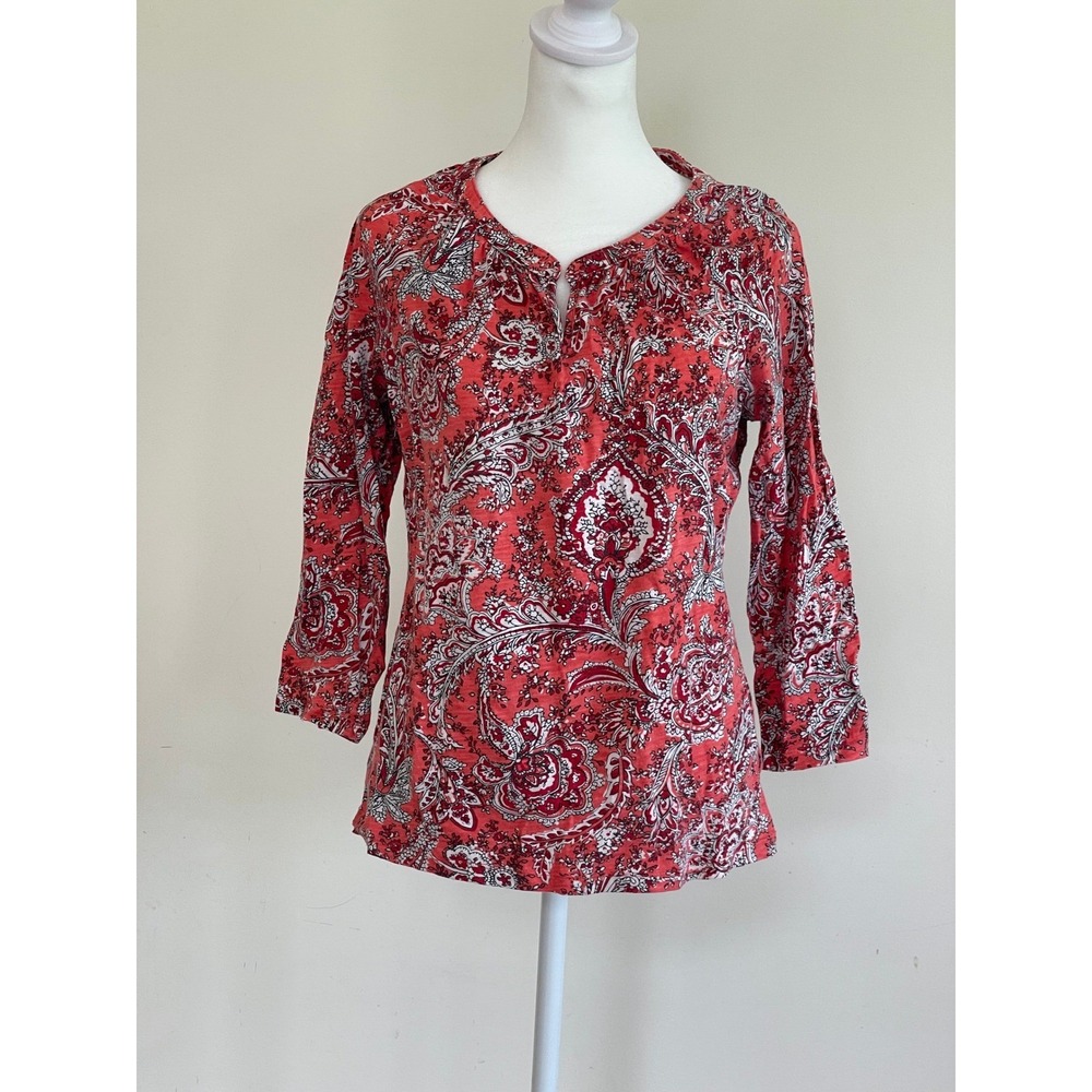 Talbots Petites Red Paisley Cotton Knit 3/4 Sleeve Top Size LP